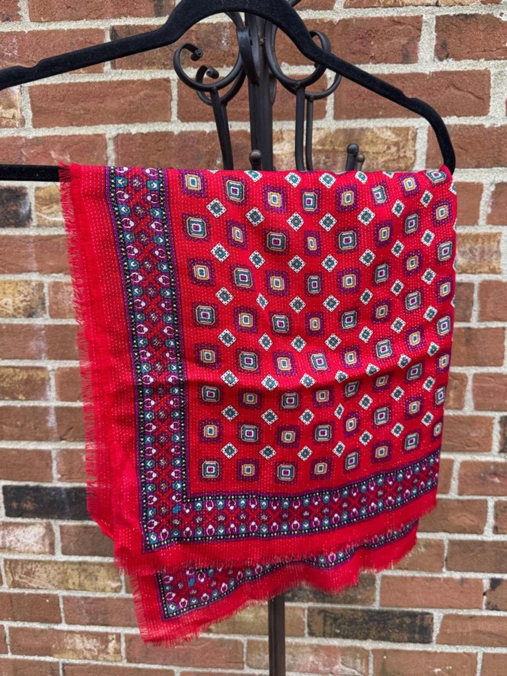 Vintage Oscar de la Renta Red Square Scarf Geometric Fringe